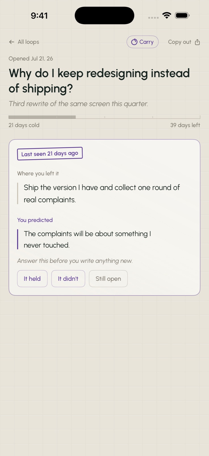 Coming back to a loop: a violet stamp with the day count, the last entry, and an open prediction with three choices